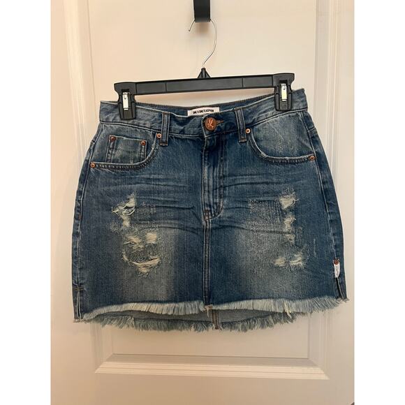 ONE x One Teaspoon Mini Denim Skirt 28 Short Distressed Academia Beachy Festival - Picture 3 of 8